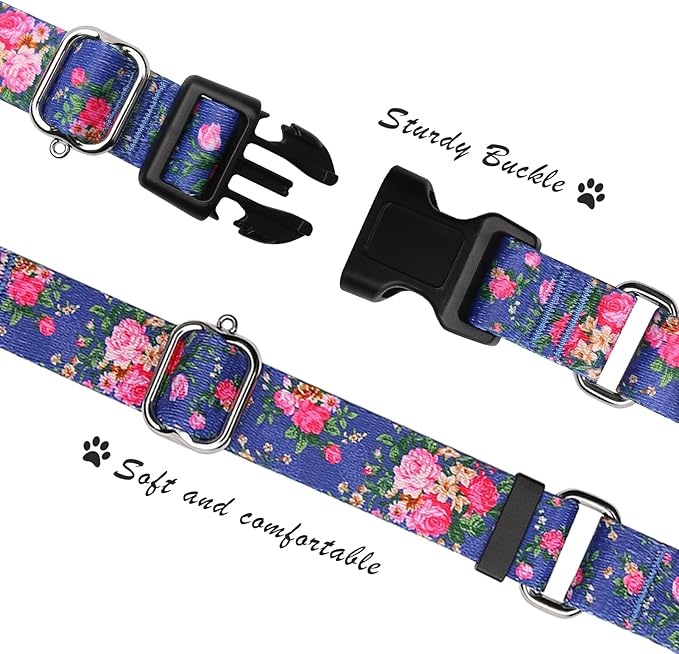 Hikiko Martingale Collar for Dogs Girl Dog Collars for Small Medium Large Dogs with Cute Female No Pull Dog Collar（Blue Rose,Small）