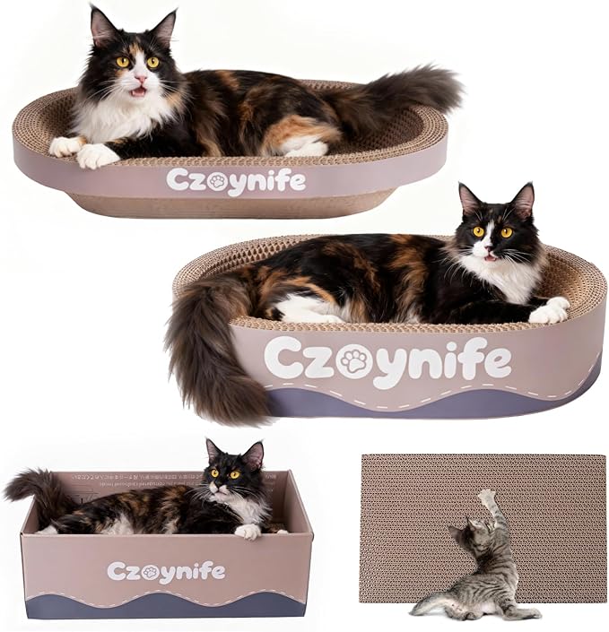 3PCS Cat Scratcher Cardboard, Oval Cat Scratch Pad Bowl Nest for Indoor Cats, Round Cat Scratching Board Corrugated Lounge Cat Bed, Furniture Protector for Couch (Coffee, 17 * 11.5 in)