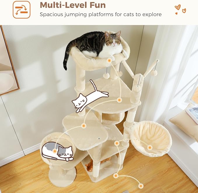 Large Cat Tree for Indoor Cats, 59" Tall Cat Tower with 3 Removable Pompom Sticks, Spacious Condo, Large Hammock and Scratching Posts, Sturdy Play House for Large Cats,Beige