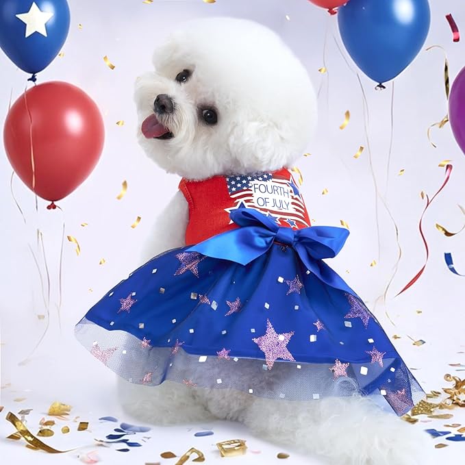 XPUDAC 4th of July Tulle Dog Dress Patriotic Clothes Doggie Outfit with Bow Independence Stars Skirt Pet Holiday Apparel for Small Dog Girl Cat, XXS