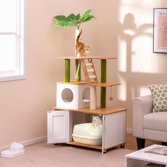 PETSITE Cat Tree with Litter Box Enclosure, Multi-Level Modern Cat Tree Tower with Sisal Scratching Posts, Cat Condo, Ladder, Dangling Balls, Interactive Sisal Rope, and Hidden Litter Box