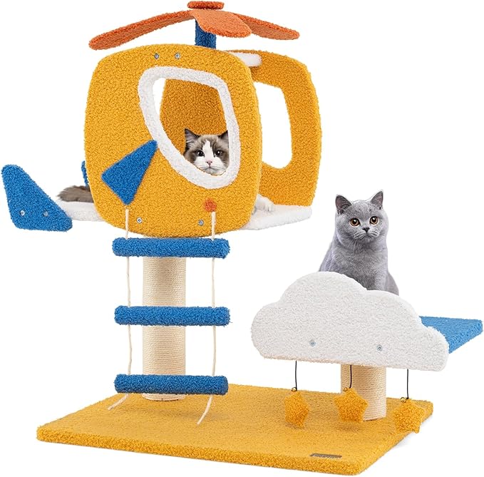 PETSITE 30-inch Aviation-Themed Cat Tree for Indoor Cats, Small Cute Cat Tree with Sisal Scratching Posts, Helicopter Top Perch, Climbing Ladder, and 3 Star-Shaped Hanging Toys