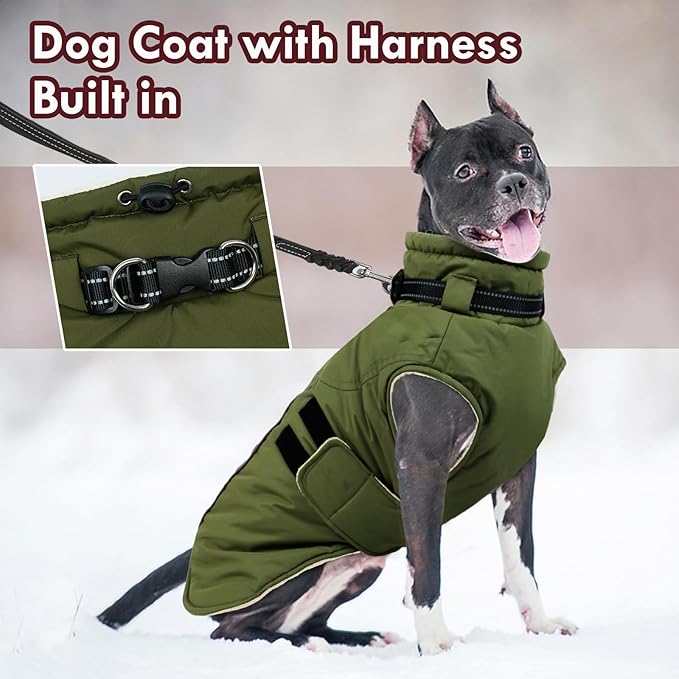 Dog Coats for Medium Dogs, Waterproof Winter Coat with Harness Bulit in, Reflective Reflective Adjustable Hook&Loop Dog Snowsuit for Cold Weather Warm Snow Jacket, M Green