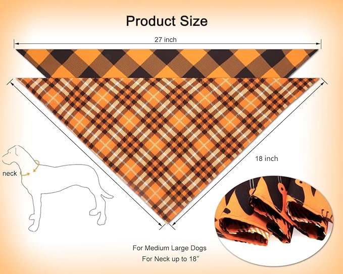 2PCS Thanksgiving Dog Bandanas,Fall Dog Bandanas,One Side Orange Plaid,The Other Side Pumpkin or Spider Web Bibs,Holiday Pet Scarf for Boy and Girl Dogs,Halloween Pet Outfit for Medium to Large Dogs