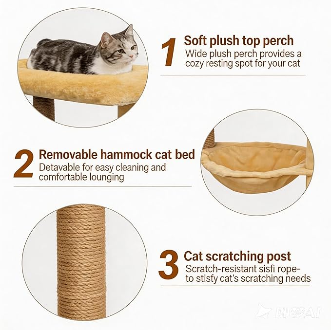 Pawly 24" Cat Tree Tower, Tall Cat Scratching Post with Soft Perch for Window Viewing, Large Bed for Big Cats, Stable & Compact Cat Tower with Hammock, Beige