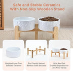 SPUNKYJUNKY Elevated Dog Bowls Ceramic, 6.1'' Dogs and Cat Food Water Bowls Raised with Non-Slip Bamboo Stand for Medium Sized Breed Microwave Dishwasher Safe - 28.7 OZ,Skull White