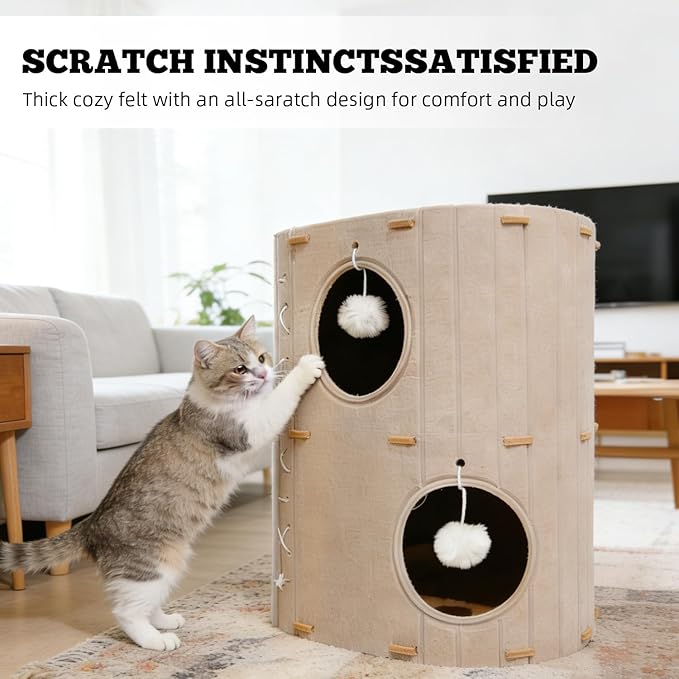 Cat House for Indoor Cats - 2 Storey Foldable Cat Bed Cave with Scratch-Resistant Felt Cats Tunnel Bed Condo & Hanging Fluffy Ball|Cozy Spacious Hideaway for Multi-Cats| Durable & Easy to Store, Cream