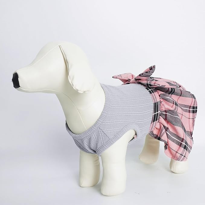 PUPTECK Classic Plaid Dog Dress Pet Apparel with Cute Bowtie Puppy Clothes Outfit,Grey,L