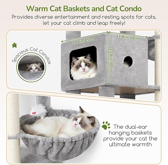 Globlazer Heavy Duty Cat Tree, 83 Inch Giant Cat Tower with 7 Scratching Posts, Multi-Level Large Cat Condo for Indoor Cats Large Adult, 2 Perchs, 3 Sturdy Hanging Baskets, Cat Toys, F83C, Light Grey