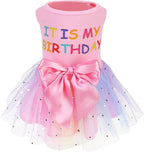 PUPTECK Print Dog Dress Pet Apparel for Birthday with Cute Bowtie Puppy Clothes Outfit, S