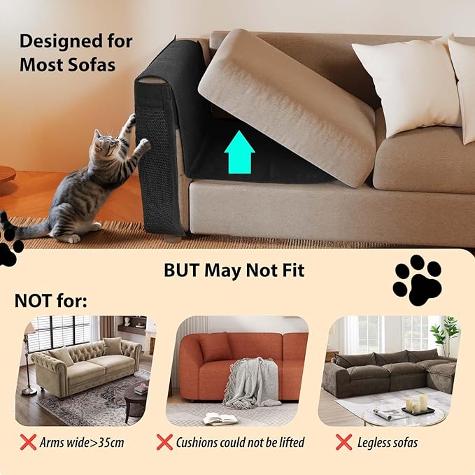 Couch Protector from Cat Claws - Cat Scratch Sofa Protector Universal Fit on Both Arm Sides with Black Sisal Pad for Leather and Fabric Sofa,27.5 * 19.7 inch Expanded Coverage Sisal Area(Black)
