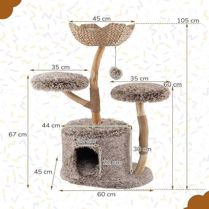 PETSITE 41.5 Inch Wood Cat Tree, Multi-Level Real Pear Wood Modern Cat Tower with Jute Scratching Posts, Dangling Ball, Cozy Top Cattail Perch, 2 Jumping Platforms, Cat Condo, Soft Long Plush Covered