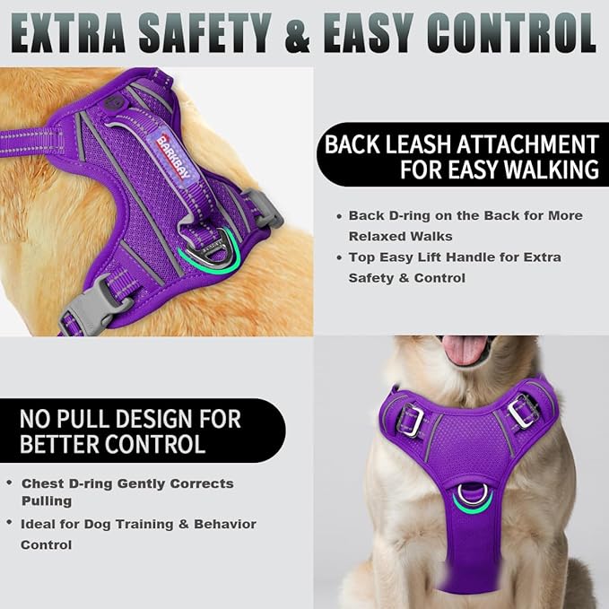 BARKBAY No Pull Dog Harness Large Reflective Dog Harness with Front Clip and Easy Control Handle for Walking Training Running with ID tag Pocket(Purple,L)