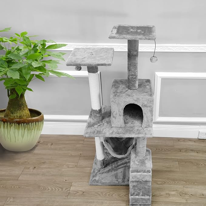 FixtureDisplays® 19.7X23X49" Cat Tree Condo Furniture with Sisal-Covered Scratching Posts, Plush Condo, 2 Platforms, Perch Hammock for Kittens, Cats and Pets Light Gray 12240 12240