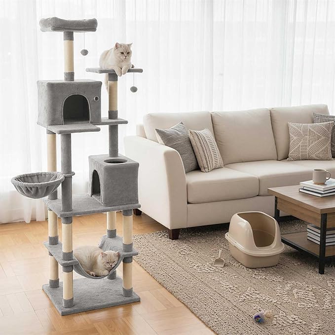 Tangkula 80 Inch Tall Cat Tree, Multi-Level Cat Tower with Sisal Scratching Posts, 2 Condos, Plush Perch, Hammock, Basket, Dangling Toys, Cat Climbing Furniture for Indoor Cats (Light Gray)