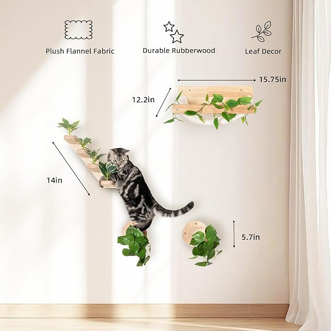 MEOWOOU 3 in 1 Cat Wall Furniture Set, 3 Pack Climbing Shelves Set, Cats Hammock, Wall Climbing Steps, Solid Rubber Wood Wall Shelf Cat Steps and Perches for Sleeping, Climbing, Scratching and Playing