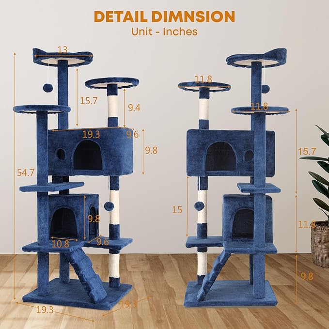 54in Cat Tree Tower for Indoor Cats, Cat Tower with Cat Scratching Post, Multi-Level Cat Furniture, Cat Tower with Funny Toys for Kittens-Navy Blue