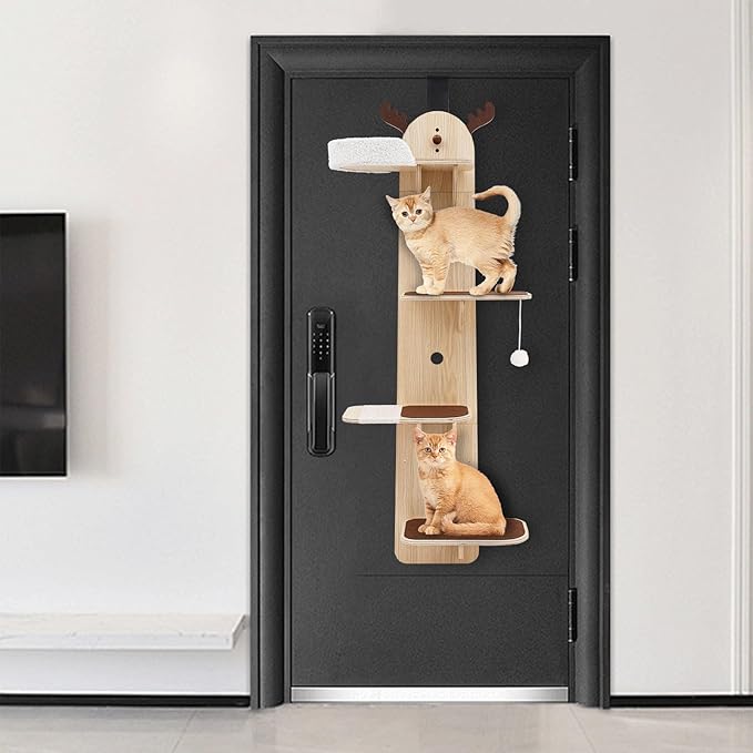 4-Tier Door Hanging Cat Tree, 67 Inch Vertical Climbing Frame with Scratching Posts & Cat Bed, Multi-Level Solid Wood Board for Kittens Jumping & Playing
