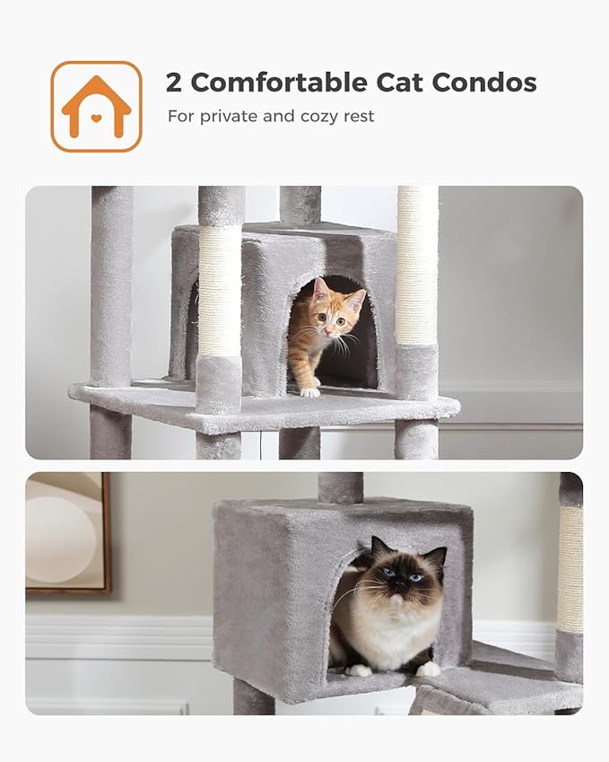 PEQULTI 71'' Cat Tree for Indoor Cats with Big Hammock, Tall Cat Tower for Large Cats with 2 Cat Condo, 2 Soft Top Perch, Scratching Posts and Pad, Grey