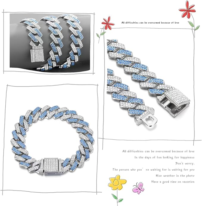 Blue Dog Chain Collar Necklace,Cuban Link Dog Collar Metal Chain Collar with Design Secure Buckle Pet Jewelry Accessories for Small Medium Large Dogs Cats(Blue 22inch)