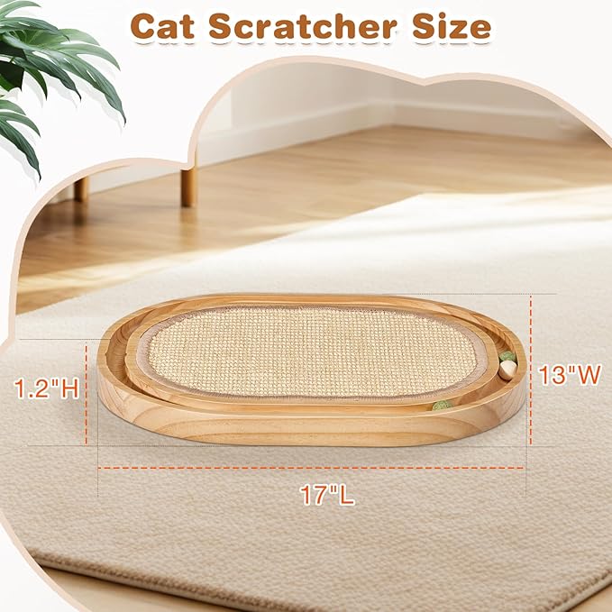 Oval Sisal Cat Scratcher with Ball Track - Woven Sisal Scratching Pad & Interactive Cat Toy, Wooden Track with 3 Toy Balls for Indoor Cats, No Assembly Needed