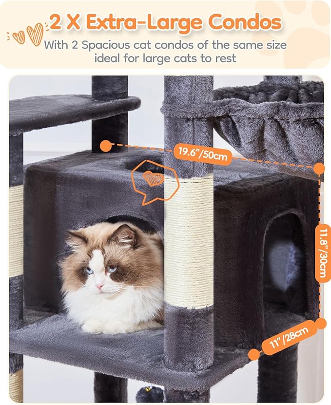 Taoqimiao 73 Inch Cat Tree XXL, Cat Tower for Indoor Cats, Large Cat Tree for Big Cats, Enlarged Platform, 2 Spacious Cat Condos, 9 Scratching Posts, 2 Cozy Baskets, F30G Smoky Gray