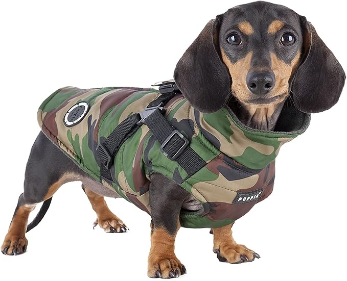 Puppia Mountaineer Winter Dog Coat with integrated harness No Pull Cold Weather Waterproof Warm Fleece Back Zipper for Small & Medium Dog, CAMO, X-Large