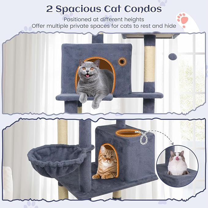 Tangkula 80 Inch Tall Cat Tree, Multi-Level Cat Tower with Sisal Scratching Posts, 2 Condos, Plush Perch, Hammock, Basket, Dangling Toys, Cat Climbing Furniture for Indoor Cats (Dark Gray)