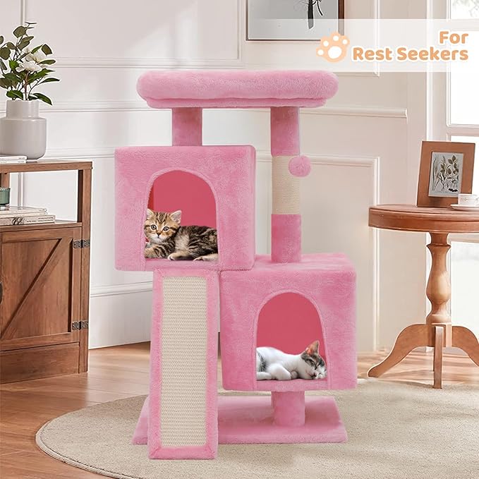 Cat Tree Tower with 2 Cat Condo, Cat Tower with Scratching Post & Sisal-Covered Scratching Board Ladder, Cat Climbing Tower, Cat Tree for Indoor Cats 34 Inch, Soft Pink