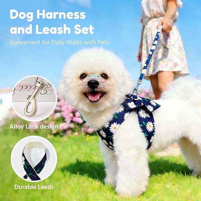 BAEJMJK Dog Harness and Leash Set with Bow Knot No Pull Pet Daisy Floral Harness with D-Ring Soft Mesh Dog Harness Vest Set Escape Proof Princess Puppy Harness for Small Girl Dogs Cats（Navy Blue XS）