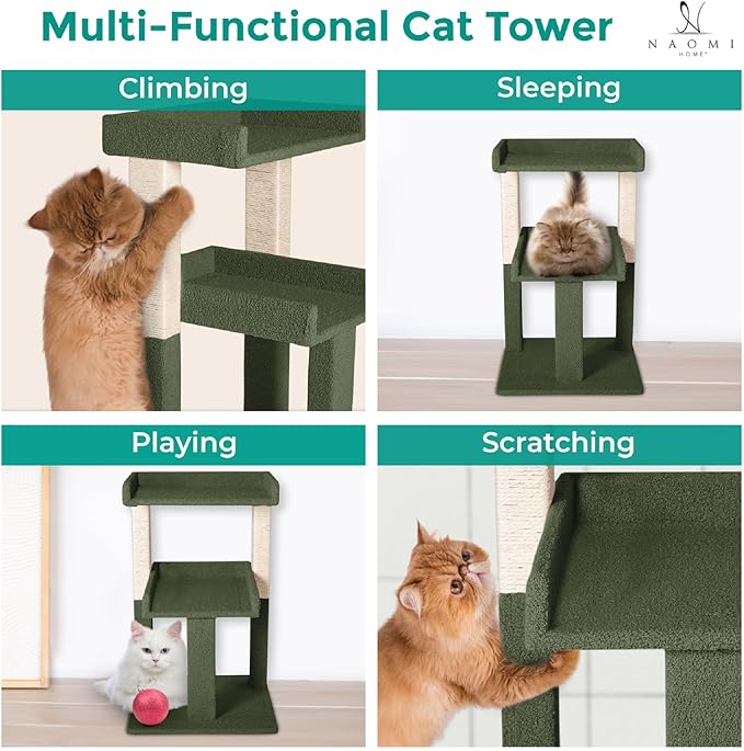 Lulu Large Cat Tree Tower with 2 Spacious Platforms, Sturdy Multi-Cat Condo with Sisal Scratching Posts, Stable Anti-Tip Design for Indoor Cats