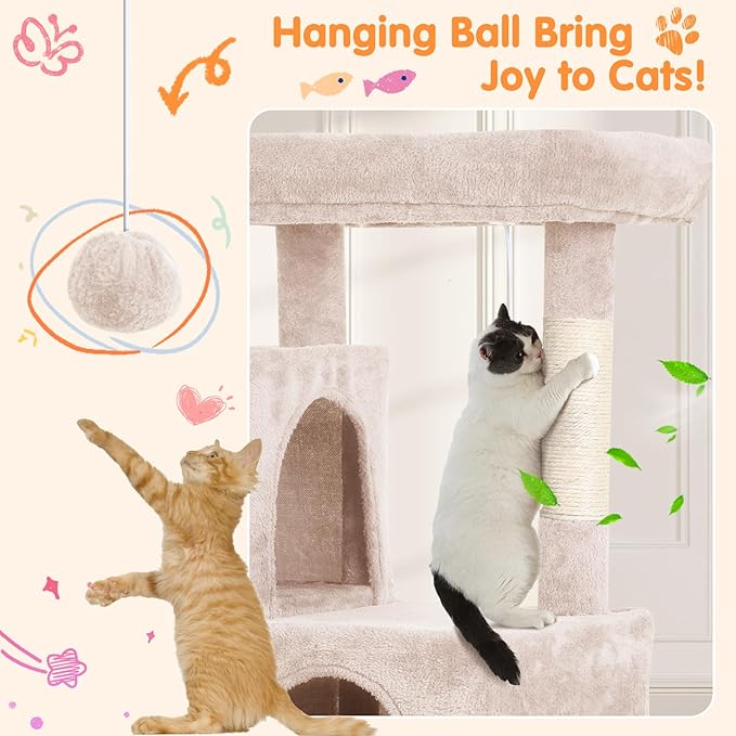 Cat Tree 36-Inch Cat Tower with Scratching Post Multi-Level Cats Condo with Ramp,Large Perch,Dangling Ball,Pet Play Tower for Kittens & Adult Cats(Beige)