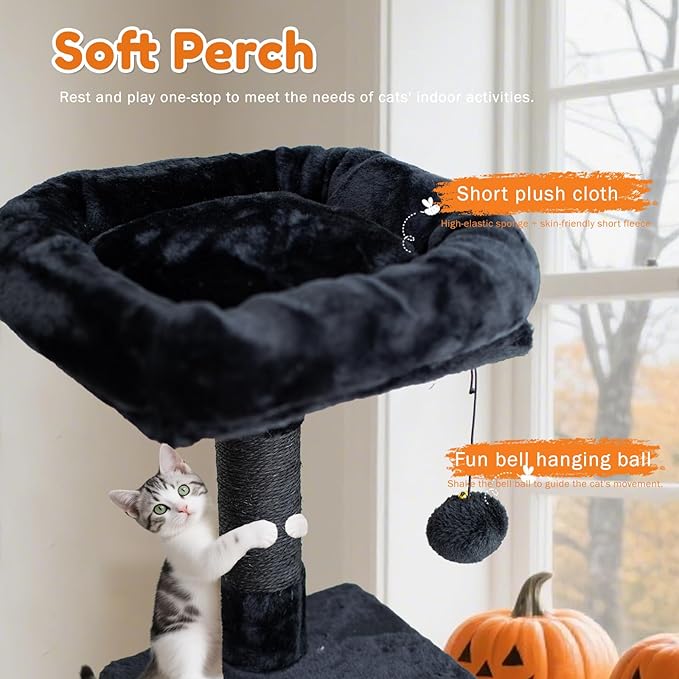 Cat Tree,Cat Tower for Indoor Cats,49-Inch Corner Cat Condo with Scratching Post,Tunnel,Basket,Plush Perch,Gothic Kitten Tree for Climbing,Exercise,Hidden,Black