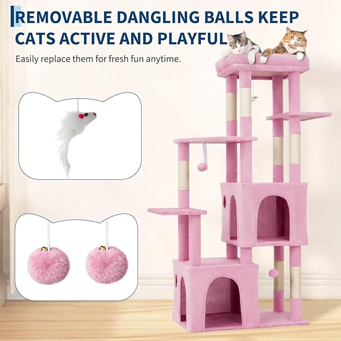 Pink 61" Heavy Duty Cat Tree for Large Indoor Cats & Maine Coon, Sweet Multi-Level Cat Tower with Extra Large Perch, 2 Spacious Condos, Natural Sisal Scratching Posts & Interactive Toys