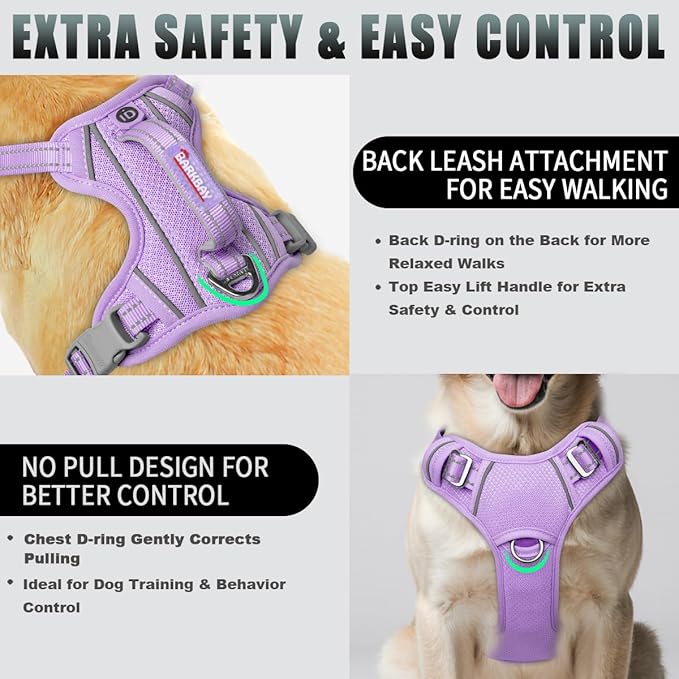 BARKBAY No Pull Dog Harness Large Reflective Dog Harness with Front Clip and Easy Control Handle for Walking Training Running with ID tag Pocket(Violet Purple,L)
