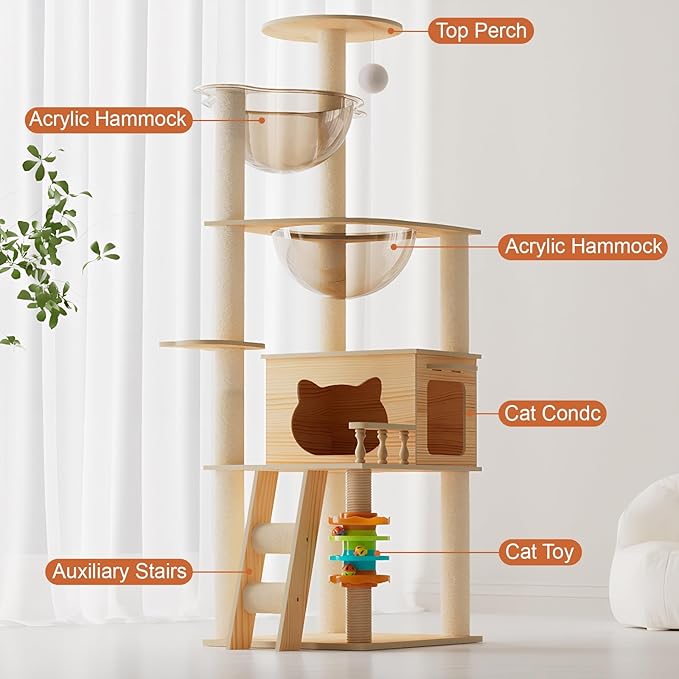59" Modern Cat Tower, Wood Cat Tree Tower for Indoor Cats, Cat Treewith Sisal-Covered Scratching Posts and Top Perch, Cat Condo with Acrylic Hammock for Small Large Cats