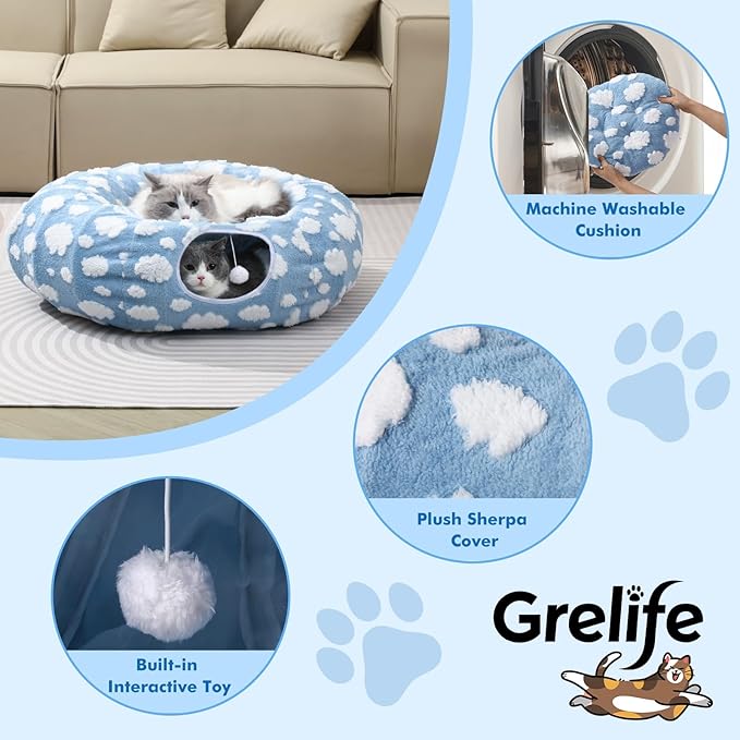 Grelife Cat Tunnel Bed for Indoor Cats, Cute Cat Tunnel Toys, Cat Donut Tunnel Toys with Washable/Removable Cushion, Non-Slip Base, for Cats, Kittens, Small Pets(33.5")