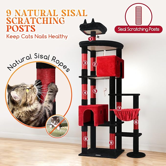 Globlazer Gothic Giant Cat Tree, 83 inch Goth Cat Tree for Indoor Cats Large Adult, XXL Cat Tower with 9 Scratching Posts for 20lb+ Heavy Duty Large Adult Cats, F83, Blood-Goth