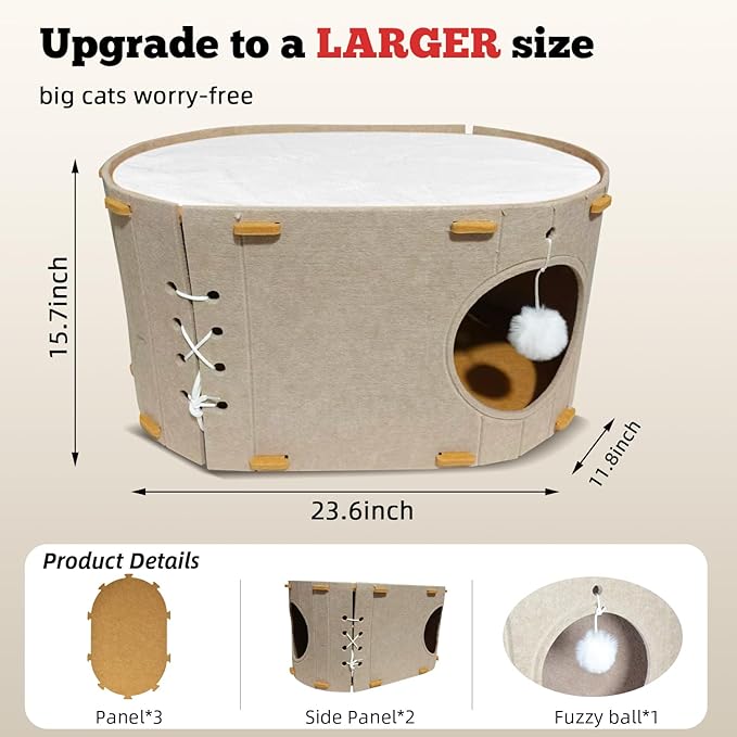 Cat House for Indoor Cats - Foldable Cat Bed Cave with Scratch-Resistant Felt Cats Tunnel Bed Condo & Hanging Fluffy Ball | Cozy Spacious Hideaway for Multi-Cats| Durable & Easy to Store Gray