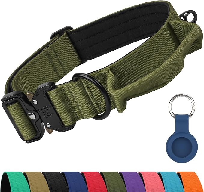 Joytale Tactical Dog Collar for X-Large Dogs with Control Handle, Heavy Duty Military Training Collar for Power Breeds, AirTag Holder Case, Quick Release Metal Buckle, Soft Padded, XL, Army Green