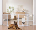 No Pawblems Free Standing Dog Gate with Cat Door, 30'' Tall Foldable Dog Fence for Indoor & Outdoor, Up to 104 Inch Extra Wide Puppy Gate for Stairs, Hallways, Doorways, Deck, Yard (White, 4 Panels)
