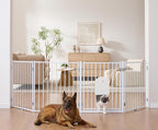 No Pawblems Free Standing Dog Gate with Cat Door, 30'' Tall Foldable Dog Fence for Indoor & Outdoor, Up to 104 Inch Extra Wide Puppy Gate for Stairs, Hallways, Doorways, Deck, Yard (White, 4 Panels)