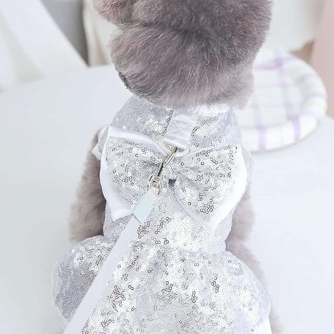 Tangpan Sequins Bow-Knot Pet Dance Dress Dog Christmas Party Dress (Silver, M)