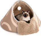 BurgeonNest 20-Inch Round Cat Bed Cave, Enclosed Hooded Pet House for Indoor Kittens, Anti-Collapse EVA Shell with Cord Access for Heating Pad, Washable Soft Plush, Brown