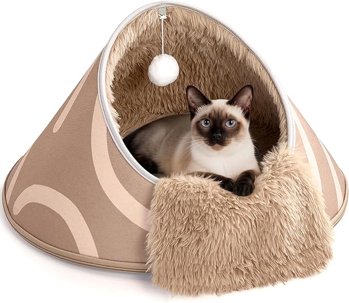 BurgeonNest 20-Inch Round Cat Bed Cave, Enclosed Hooded Pet House for Indoor Kittens, Anti-Collapse EVA Shell with Cord Access for Heating Pad, Washable Soft Plush, Brown