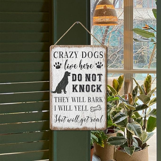 Wood Decorative Signage, DOGSlivehere, 12 x 8 inches, Funny Front Door Sign for Home Decor, Crazy Dogs Live Here - Please Do Not Knock Or Ring Doorbell