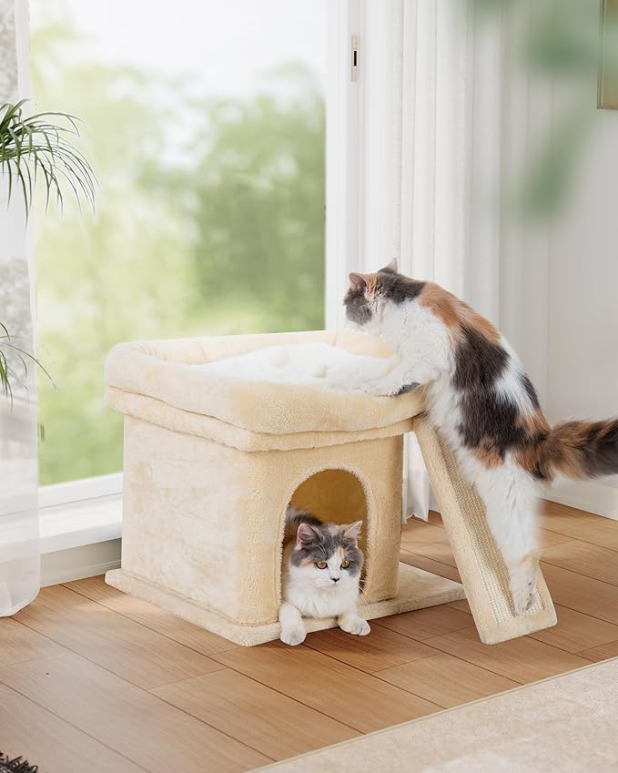 Small Cat Tree Tower for Large Cat, Cat Bed House with Large Perch for Adult Cats, 20 * 16.5 Inch Big Platform for Indoor with Super Cozy Soft Mat, Large Cat Condo with Scratching Post, Beige