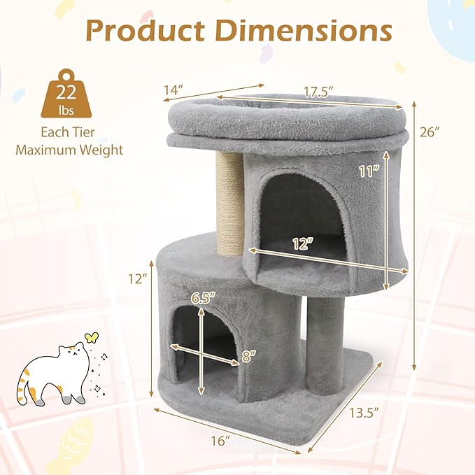 Tangkula Small Cat Tree for Indoor Cats, 26 Inch Cat Tower with Sisal Scratching Posts, Dual Cat Condos with Large Padded Push Perch, Modern Cat Climbing Furniture Activity Center (Light Grey)