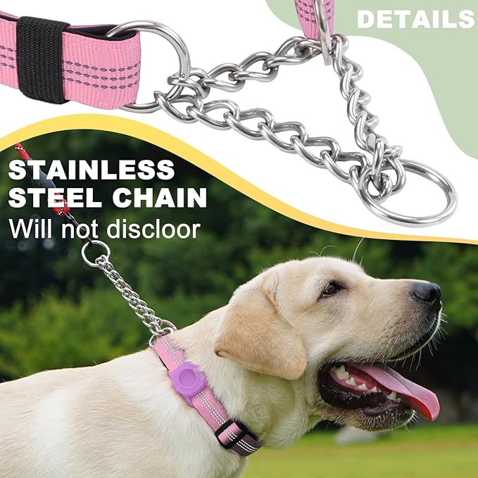 Cymiler Martingale Dog Collar with AirTag Holder, Reflective Nylon Training Collar, Stainless Steel Chain, Heavy Duty Buckle, Limited Slip Collars for Small Medium Large Dogs (Pink, Medium)