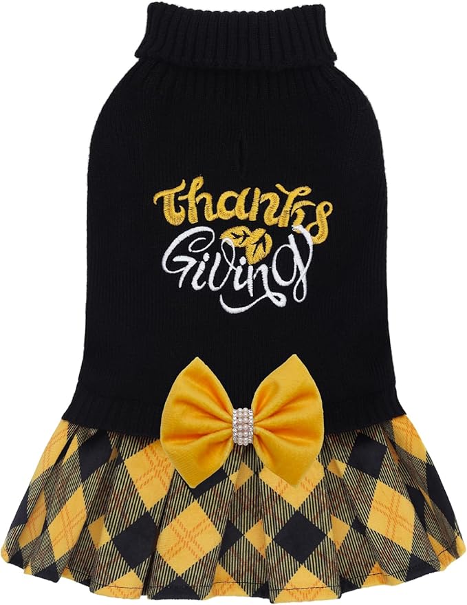 CuteBone Thanksgiving Dog Sweater Dress for Small Dogs Girl, Thanksgiving Embroidery Turtleneck Medium Dog Sweater with Bowtie, Pet Clothing for Chihuahua Yorkie Teacup DS108M